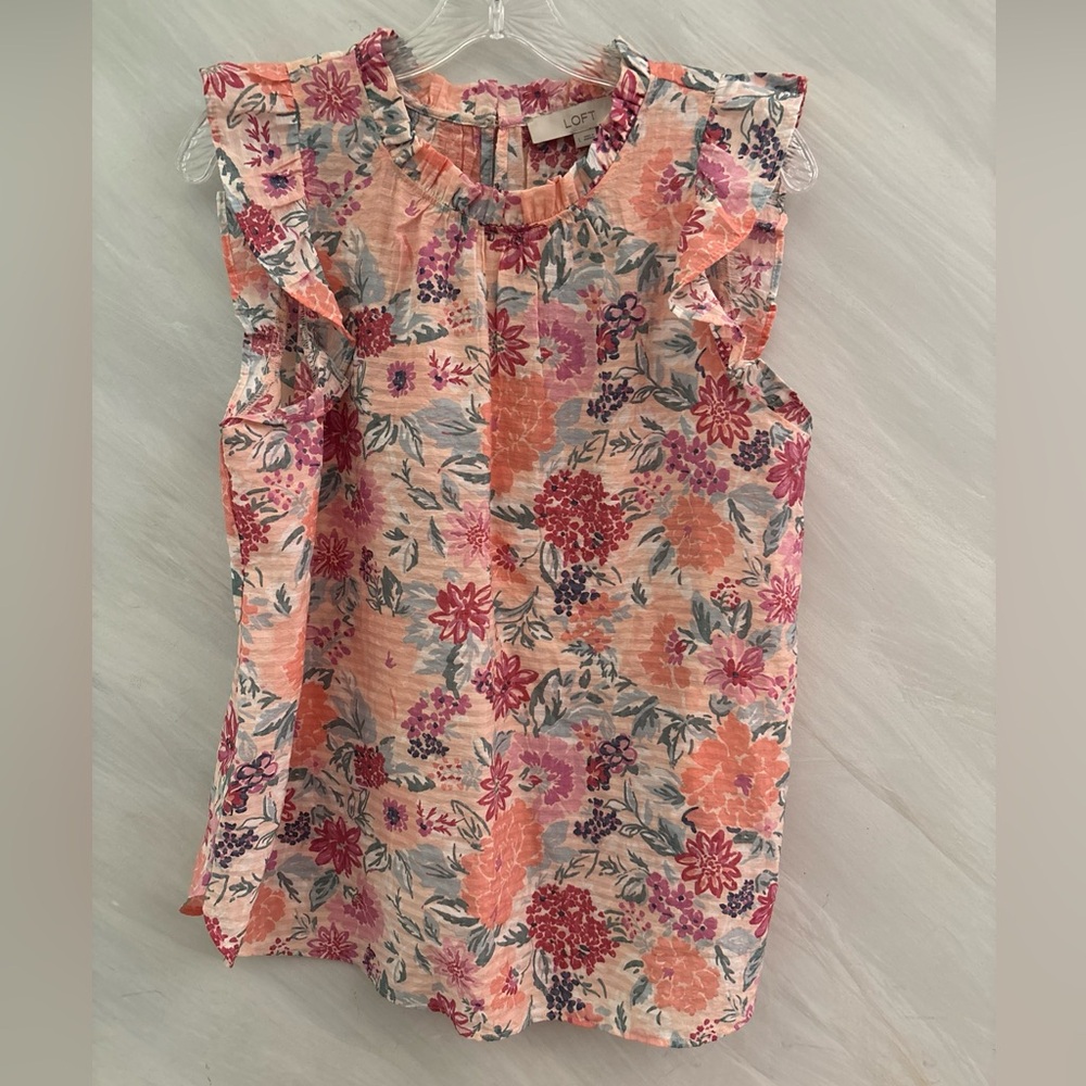 LOFT Floral Ruffle Sleeve Blouse in Peach, Coral, Pink